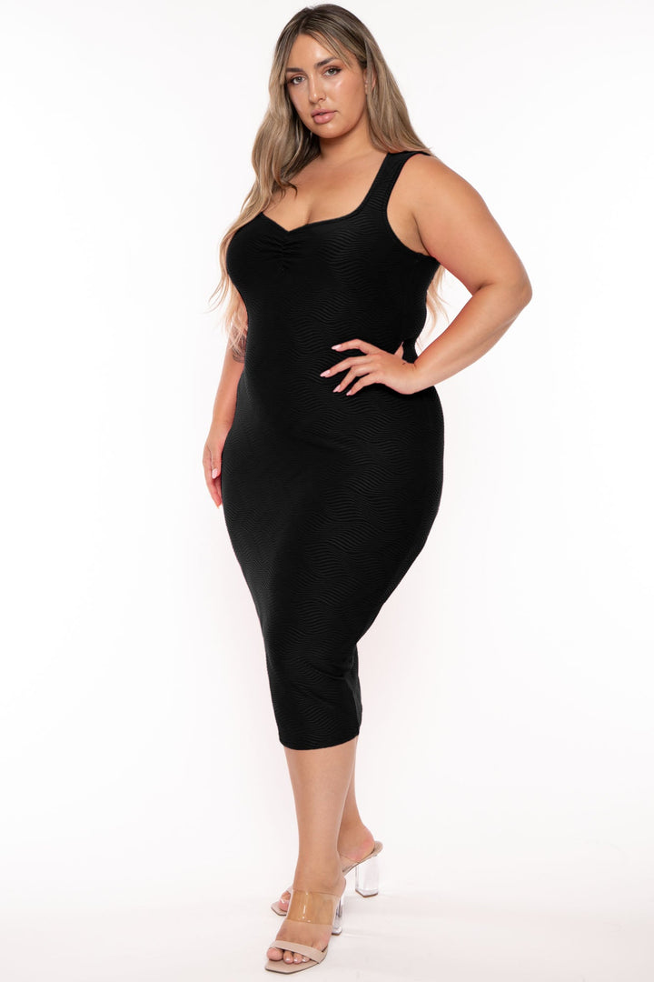 Curvy Sense Dresses Plus Size Coraline  Wavy Tank Midi Dress - Black