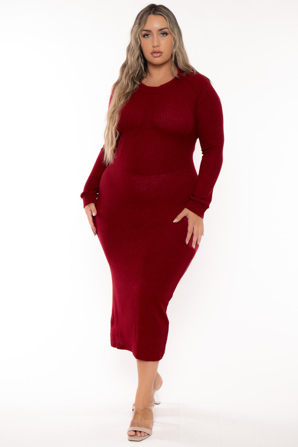 China Dresses Plus Size Cut Out Sweater Midi Dress - Burgundy