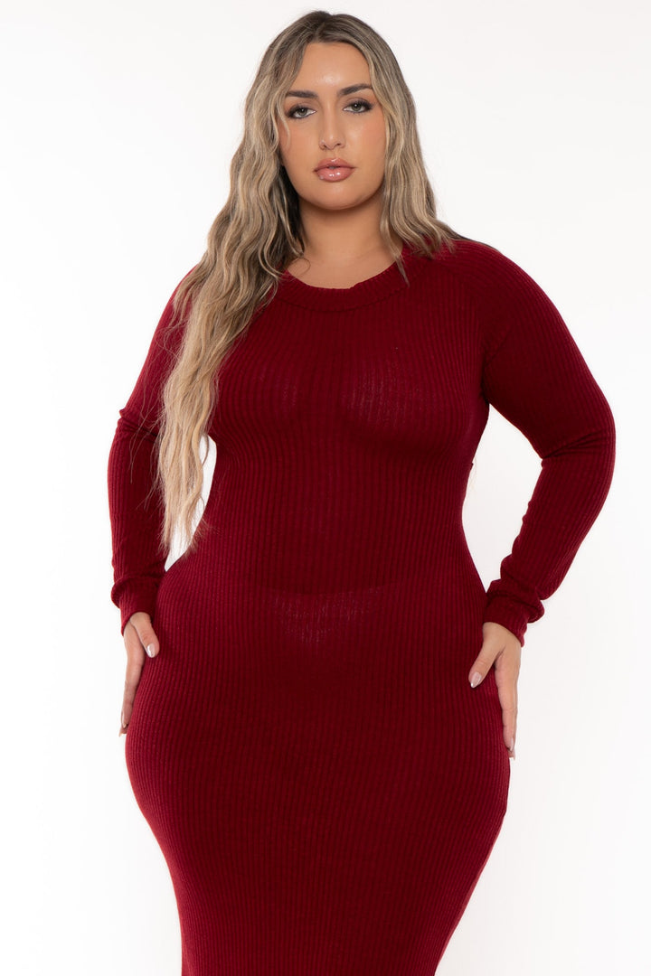 China Dresses Plus Size Cut Out Sweater Midi Dress - Burgundy