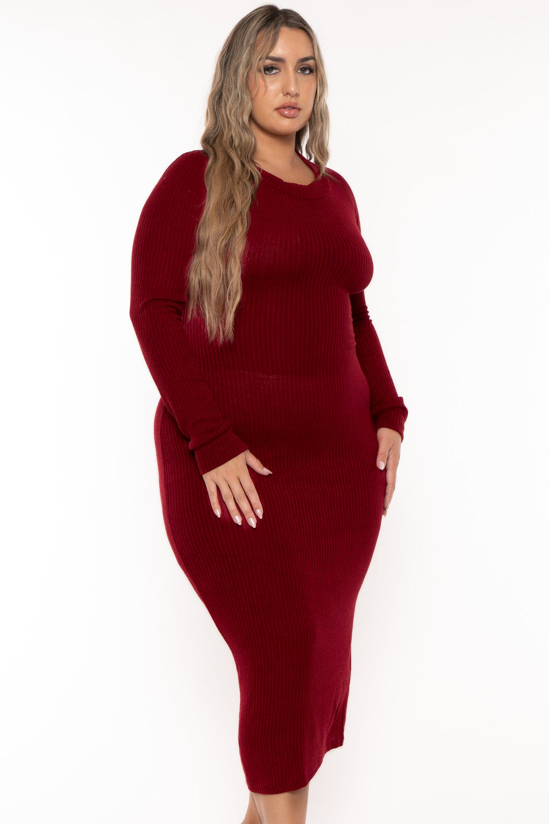 China Dresses Plus Size Cut Out Sweater Midi Dress - Burgundy