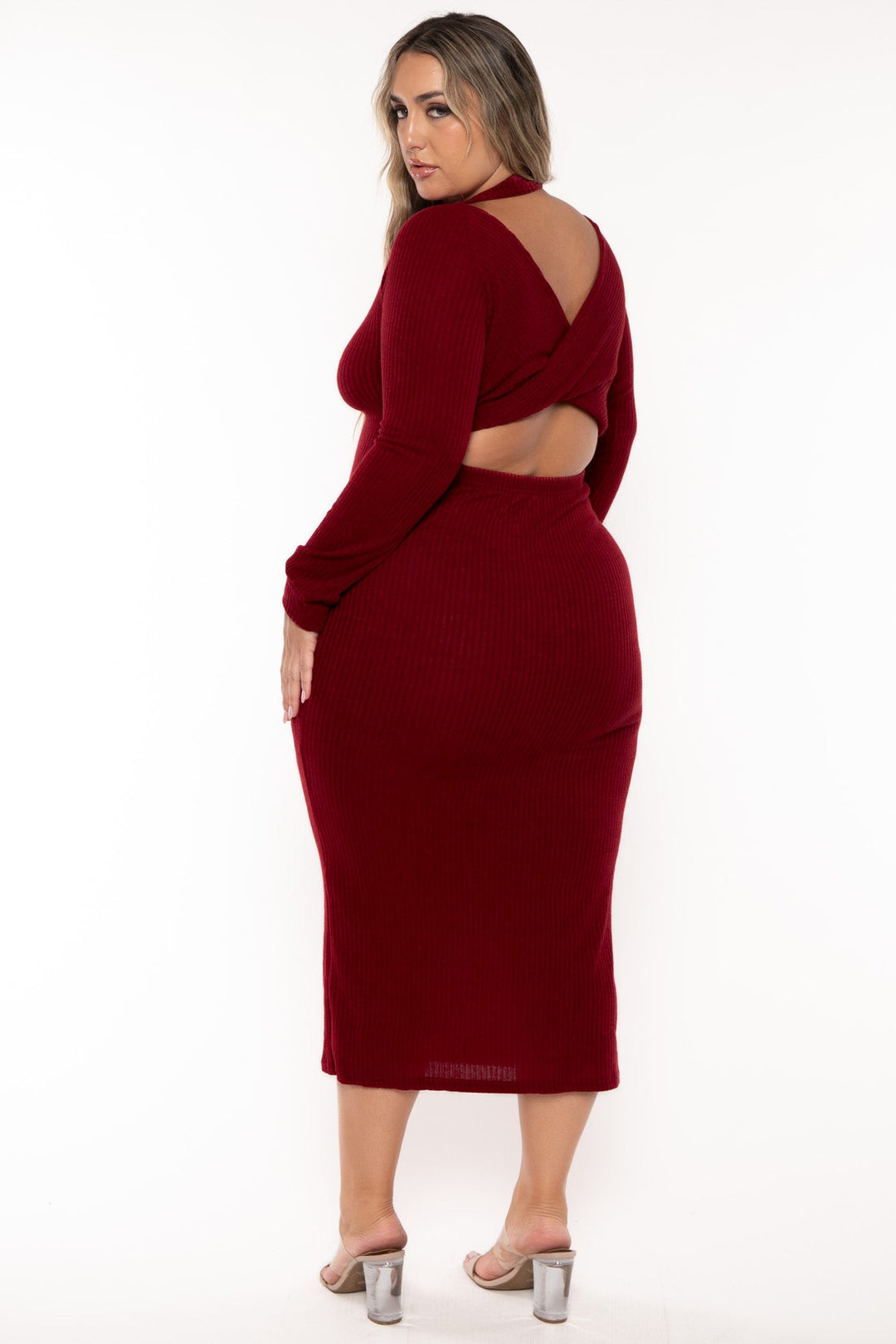 China Dresses Plus Size Cut Out Sweater Midi Dress - Burgundy