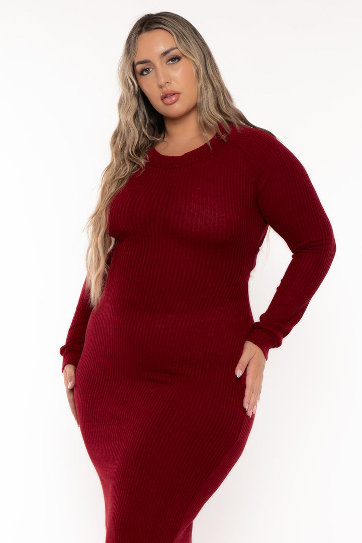 China Dresses Plus Size Cut Out Sweater Midi Dress - Burgundy