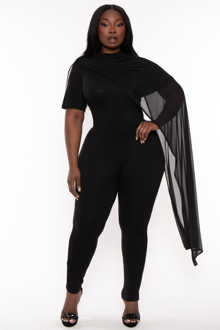 J2 FASHION Dresses 1X / Black Plus Size Dallyn Mesh Drape Jumpsuit- Black