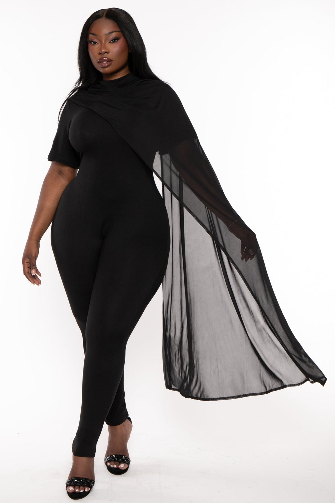 J2 FASHION Dresses Plus Size Dallyn Mesh Drape Jumpsuit- Black