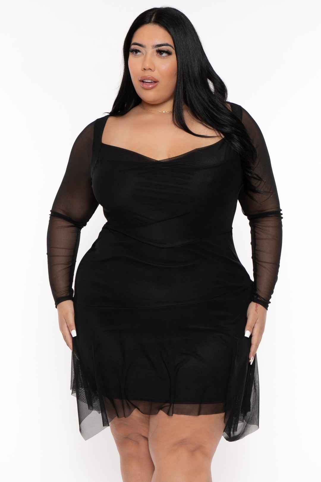 Curvy Sense Dresses 1X / Black Plus Size Damira  Mesh Flare Dress- Black