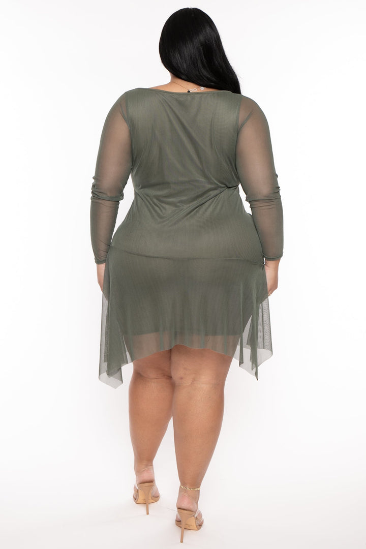 Curvy Sense Dresses Plus Size Damira  Mesh Flare Dress- Olive