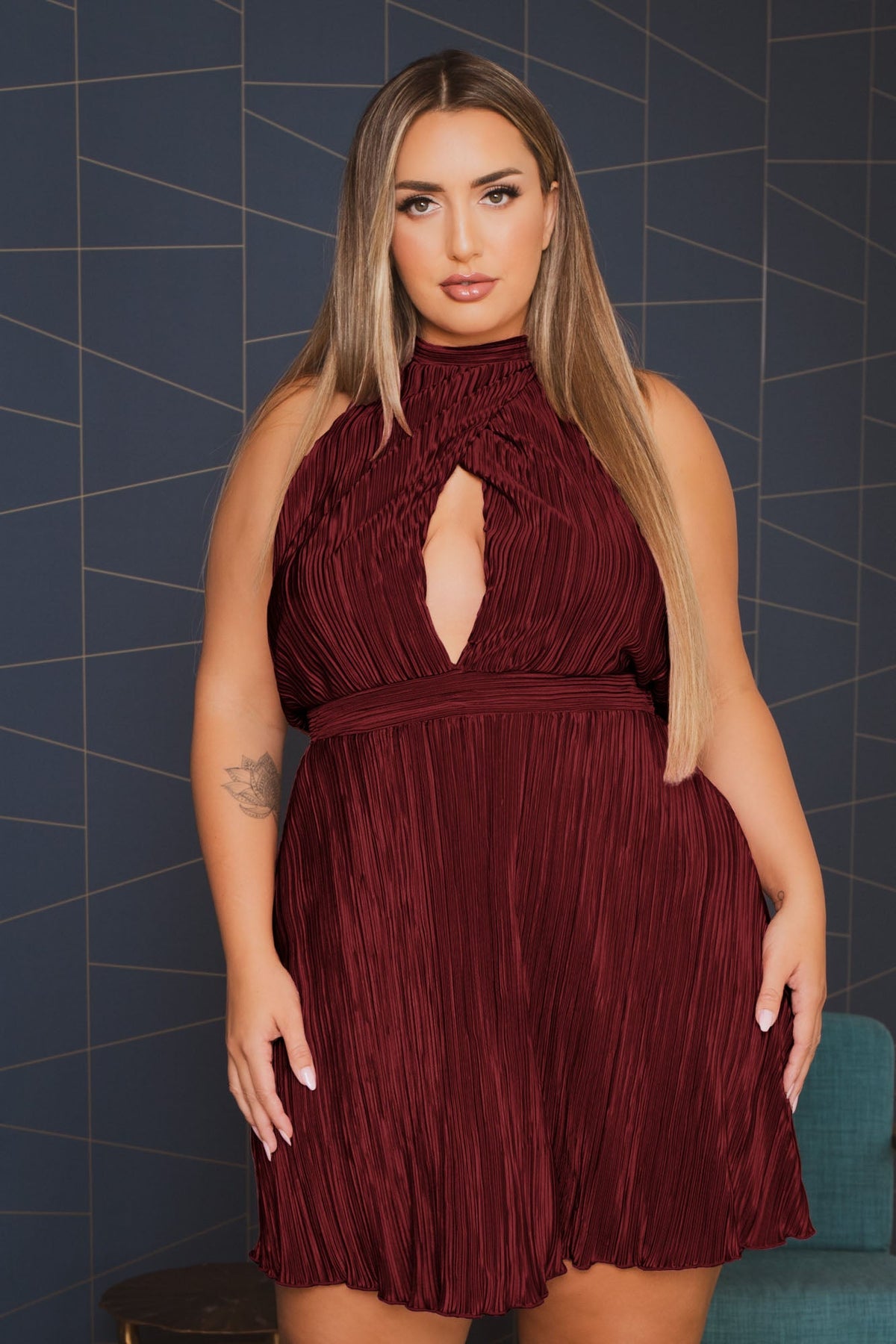 Women's Plus Size Darla Pleated Halter Dress- Burgundy - Curvy Sense Women's Plus Size Darla Pleated Halter Dress- Burgundy - Curvy Sense