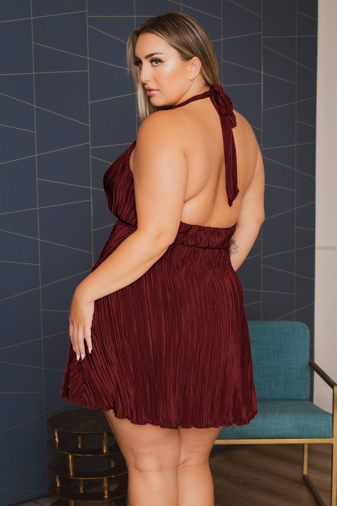 Curvy Sense Dresses Plus Size Darla  Pleated Halter Dress- Burgundy