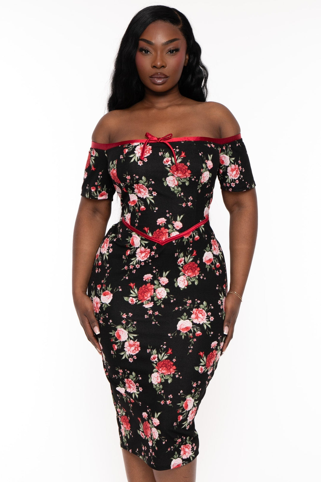 Curvy Sense Dresses Plus Size Delaide Floral Midi Dress- Black