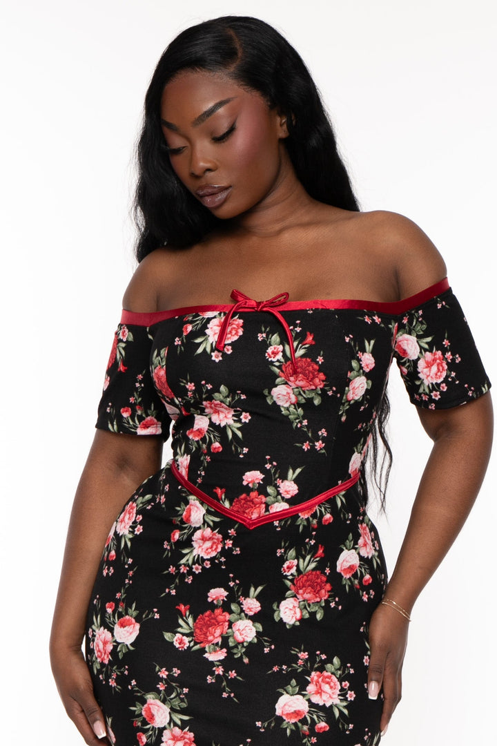 Curvy Sense Dresses Plus Size Delaide Floral Midi Dress- Black