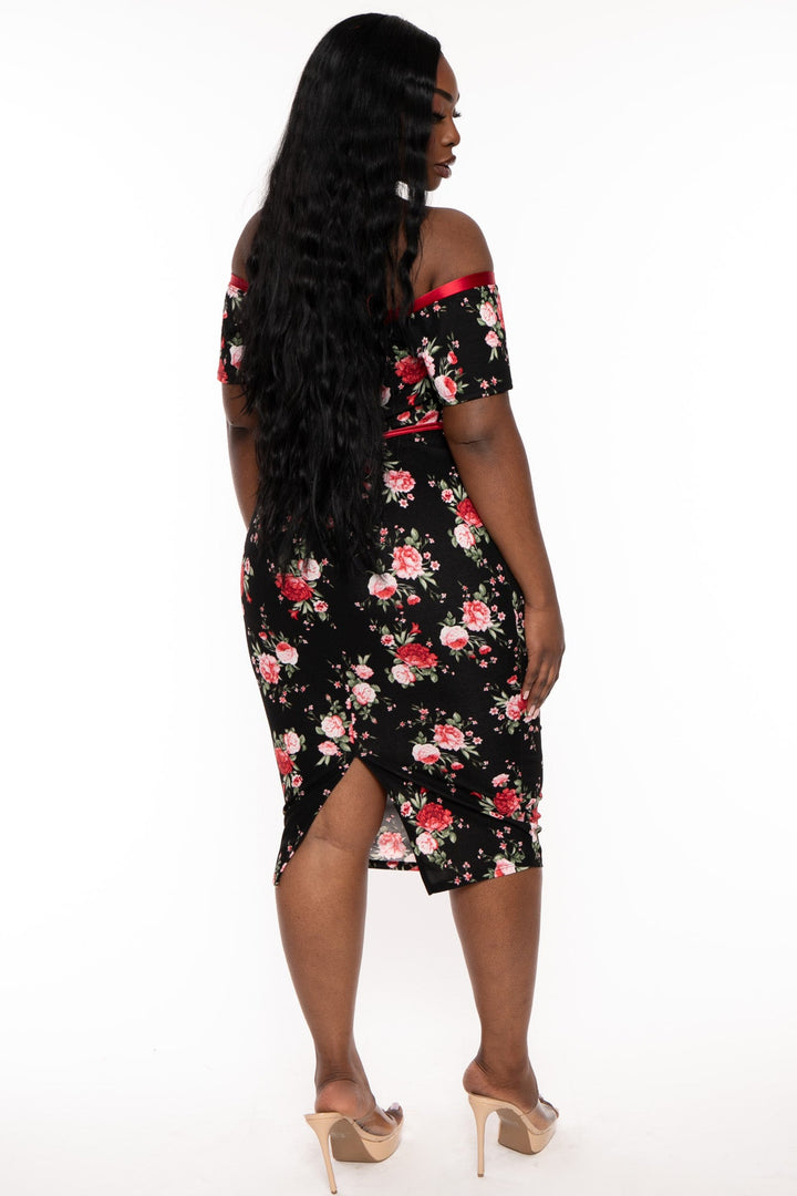 Curvy Sense Dresses Plus Size Delaide Floral Midi Dress- Black