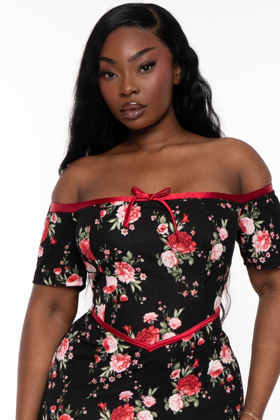 Curvy Sense Dresses Plus Size Delaide Floral Midi Dress- Black