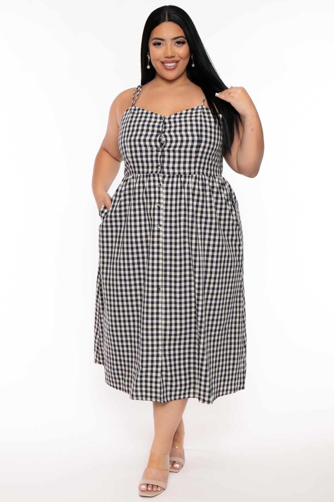 Plus Size Delmy Gingham Midi Dress -Navy