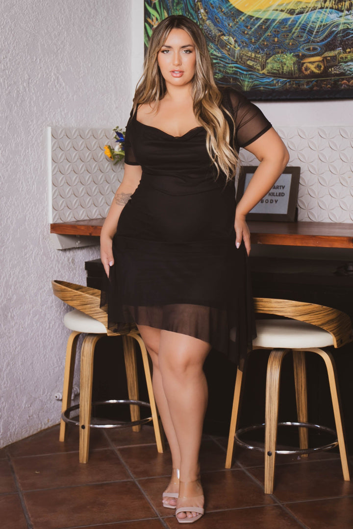 Curvy Sense Dresses Plus Size Demira  Mesh Flare Dress- Black