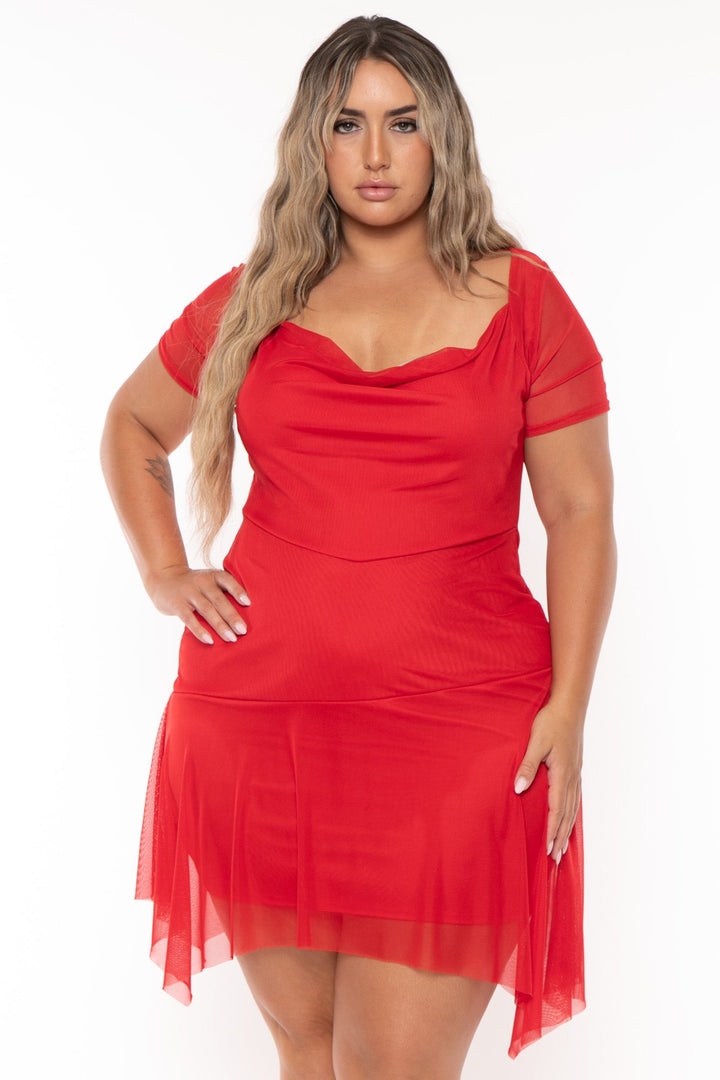 Curvy Sense Dresses Plus Size Demira  Mesh Flare Dress- Red