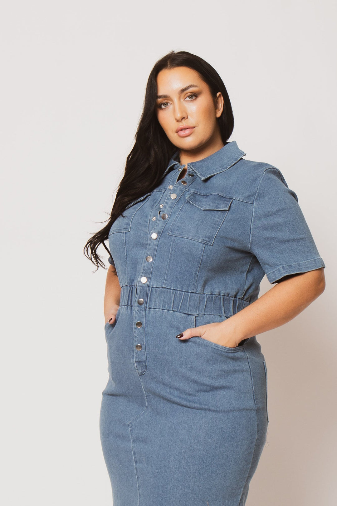 Plus Size Denim Charm Dress - Dark Wash 3X / Dark Wash at Curvy Sense Plus Size Denim Charm Dress - Dark Wash 3X / Dark Wash at Curvy Sense