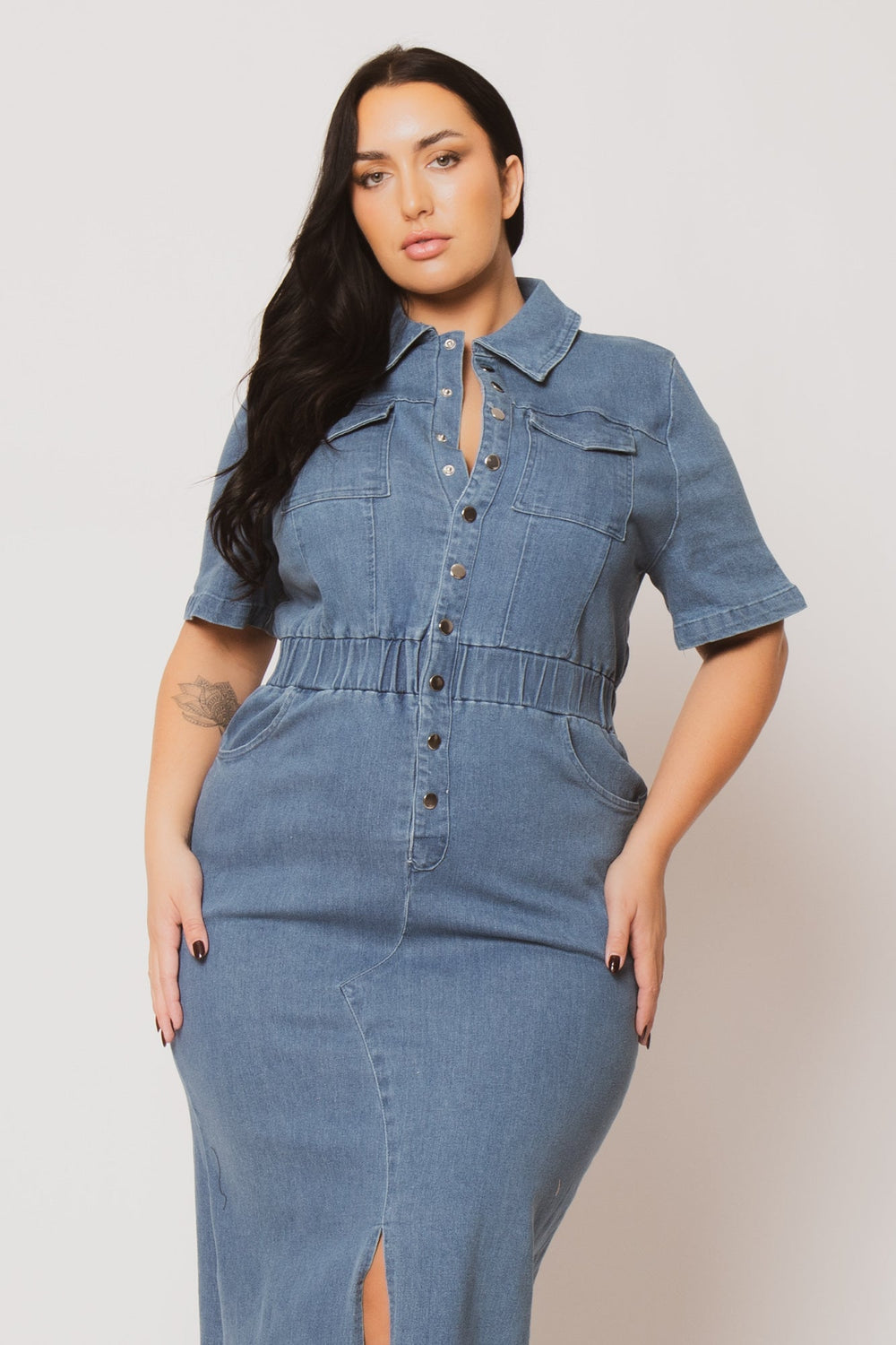 Women's Plus Size Denim Charm Dress - Light Wash - Curvy Sense Women's Plus Size Denim Charm Dress - Light Wash - Curvy Sense