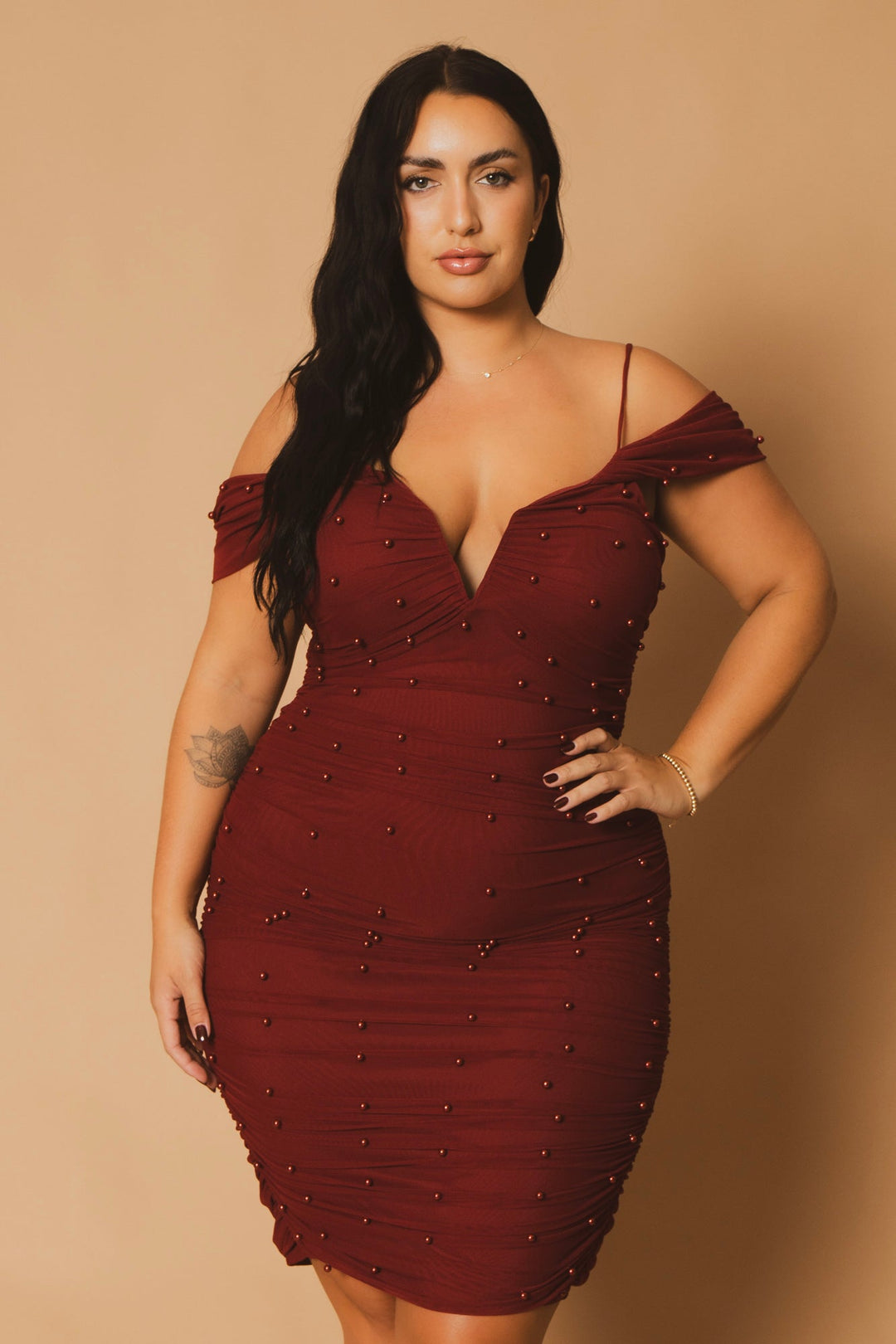 Plus Size Divine Pearl Dress -Burgundy 3X / Burgundy at Curvy Sense Plus Size Divine Pearl Dress -Burgundy 3X / Burgundy at Curvy Sense