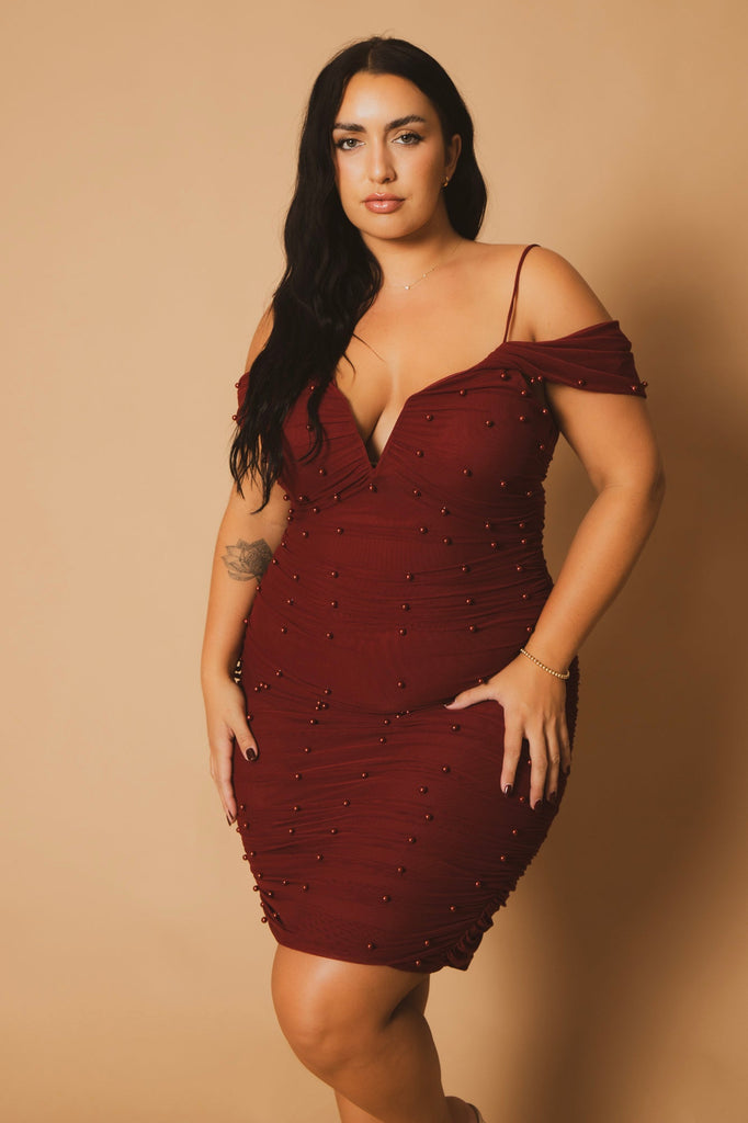 Women's Plus Size Divine Pearl Dress -Burgundy