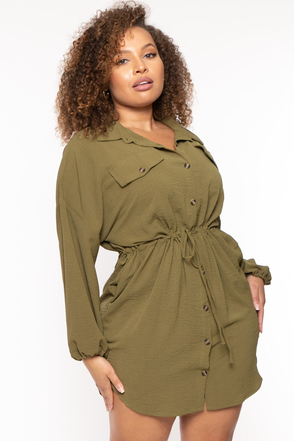 JNNA Dresses Plus Size Donnie Draw Sting  Shirt Dress - Olive