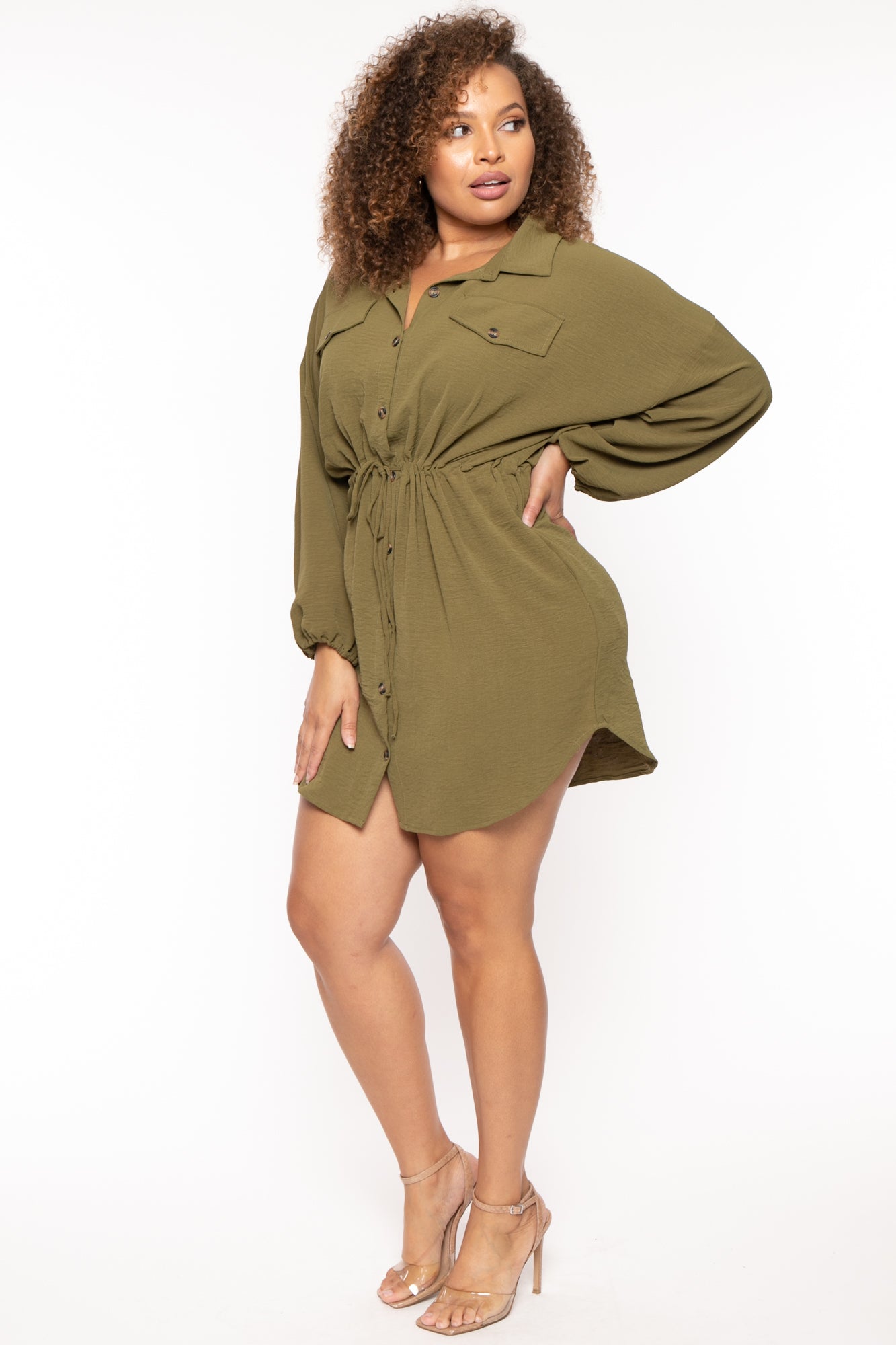 Women's Plus Size Donnie Drawstring Shirt Dress - Olive - Curvy Sense