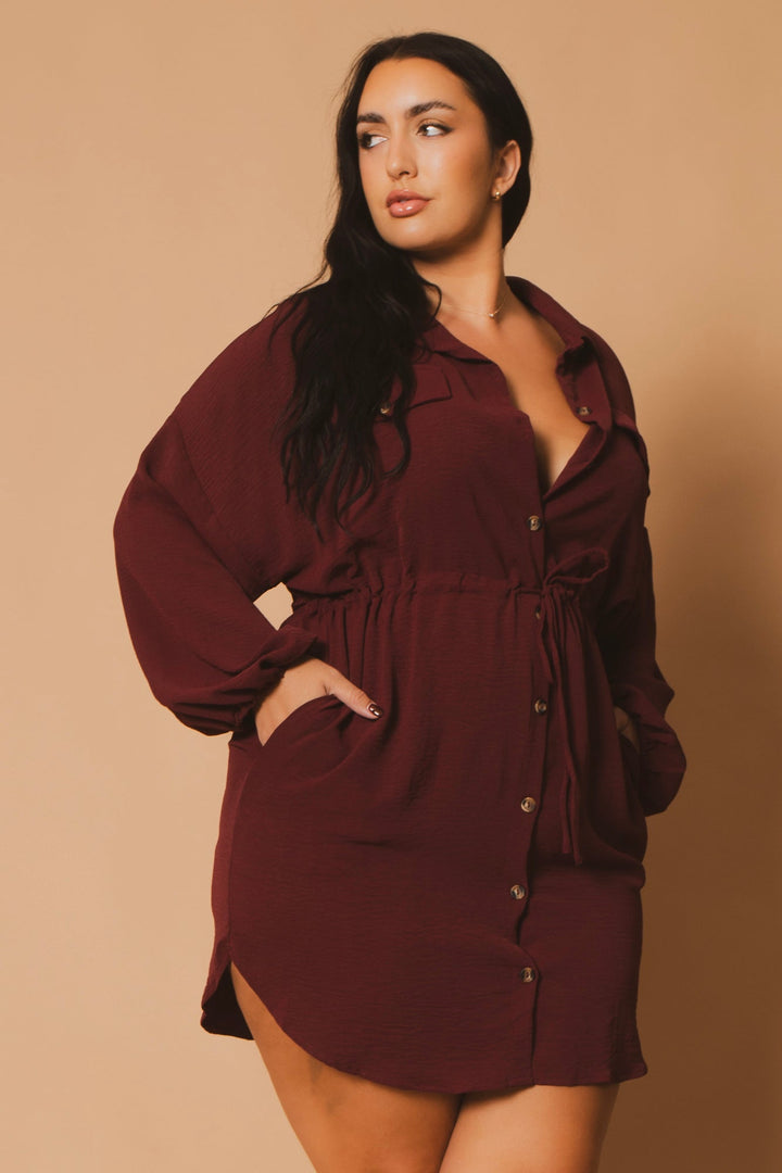 CULTURE CODE Dresses Plus Size Donnie Drawstring  Shirt Dress -Burgundy