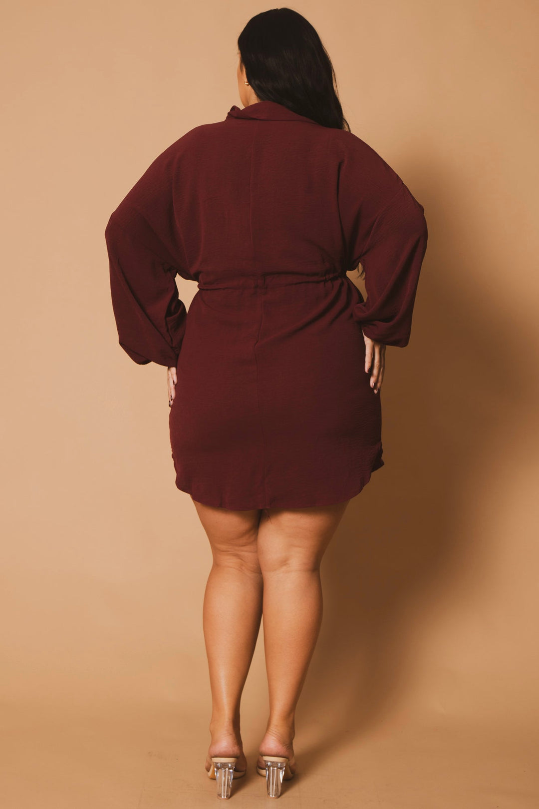 Plus Size Donnie Drawstring Shirt Dress -Burgundy S / Burgundy at Curvy Sense