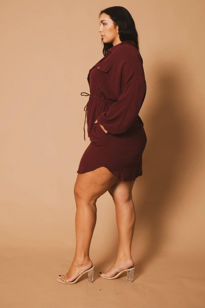 CULTURE CODE Dresses Plus Size Donnie Drawstring  Shirt Dress -Burgundy