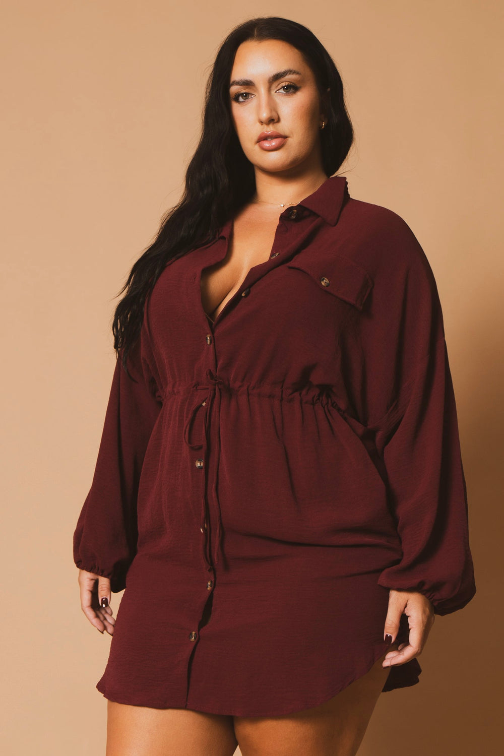 Plus Size Donnie Drawstring Shirt Dress -Burgundy S / Burgundy at Curvy Sense Plus Size Donnie Drawstring Shirt Dress -Burgundy S / Burgundy at Curvy Sense