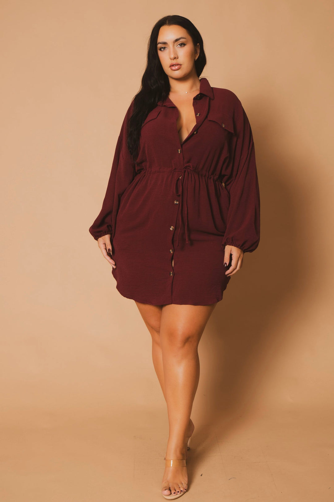 CULTURE CODE Dresses Plus Size Donnie Drawstring  Shirt Dress -Burgundy