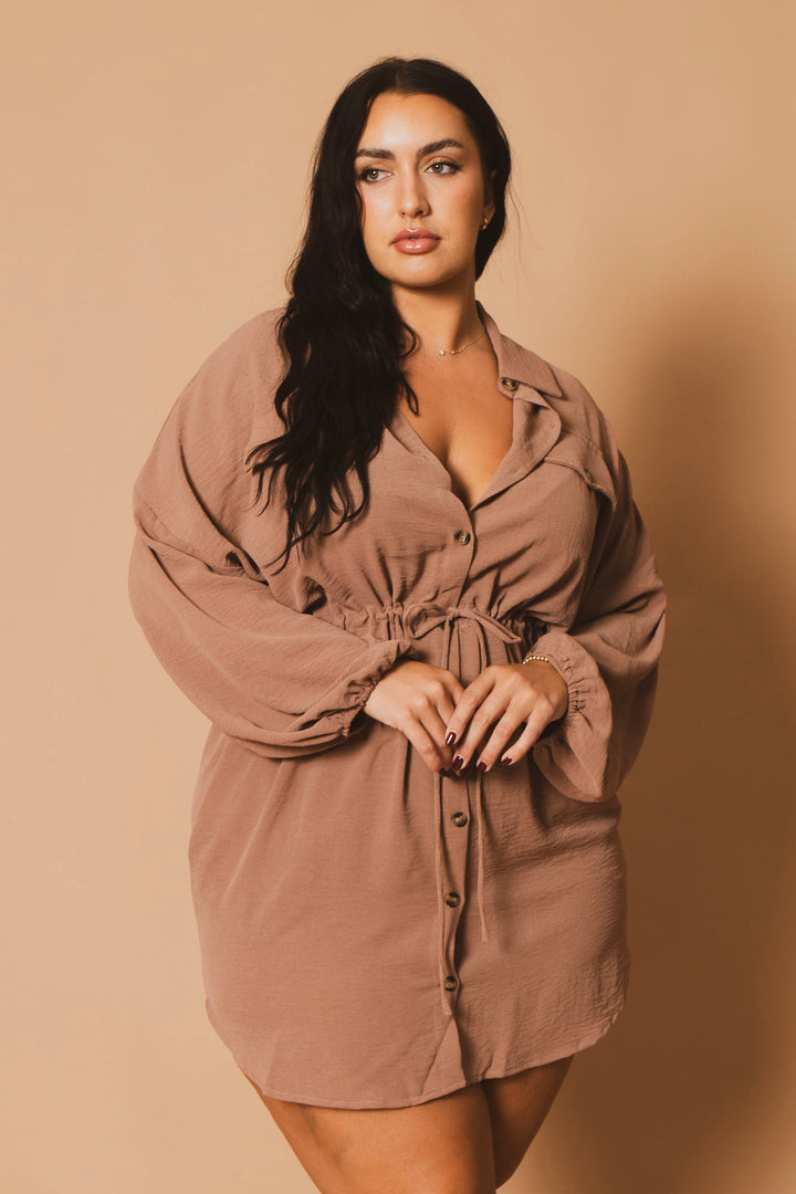 CULTURE CODE Dresses Plus Size Donnie Drawstring  Shirt Dress - Mocha