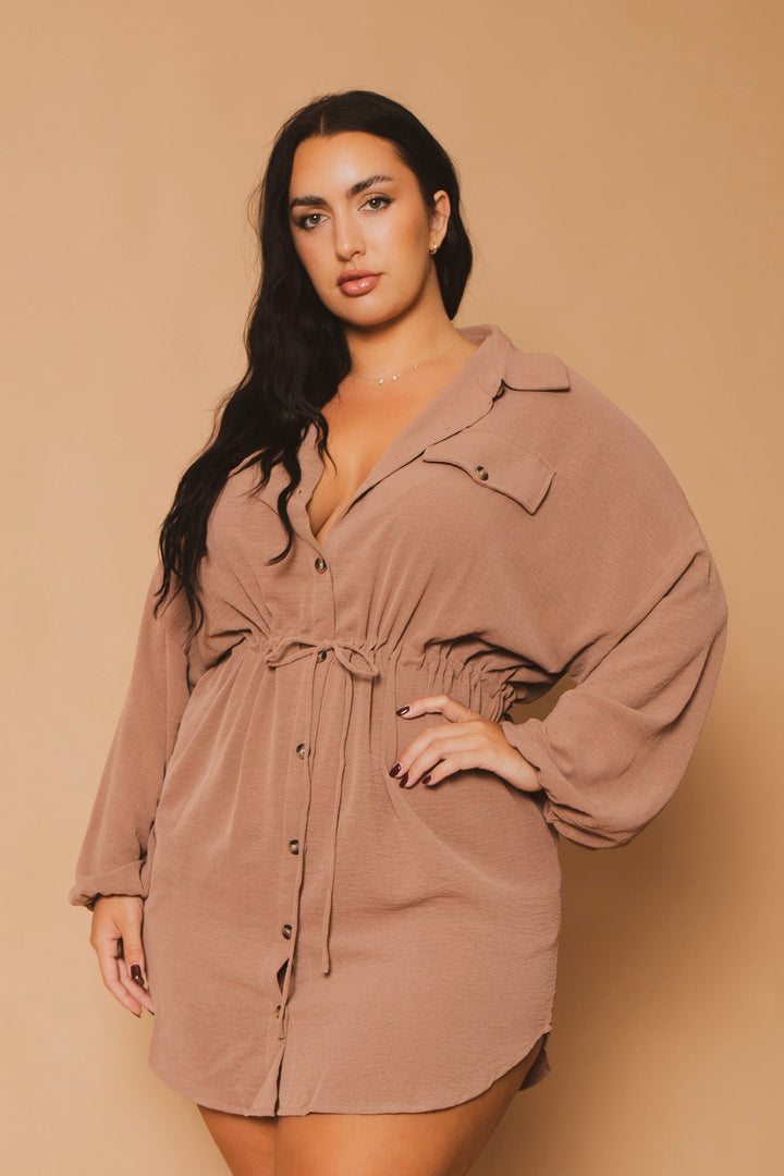 CULTURE CODE Dresses Plus Size Donnie Drawstring  Shirt Dress - Mocha