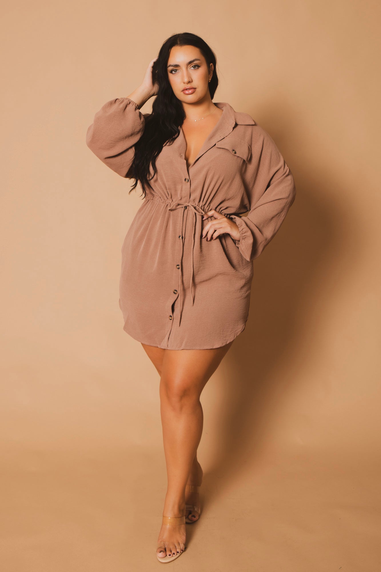 Women's Plus Size Donnie Drawstring Shirt Dress - Mocha - Curvy Sense