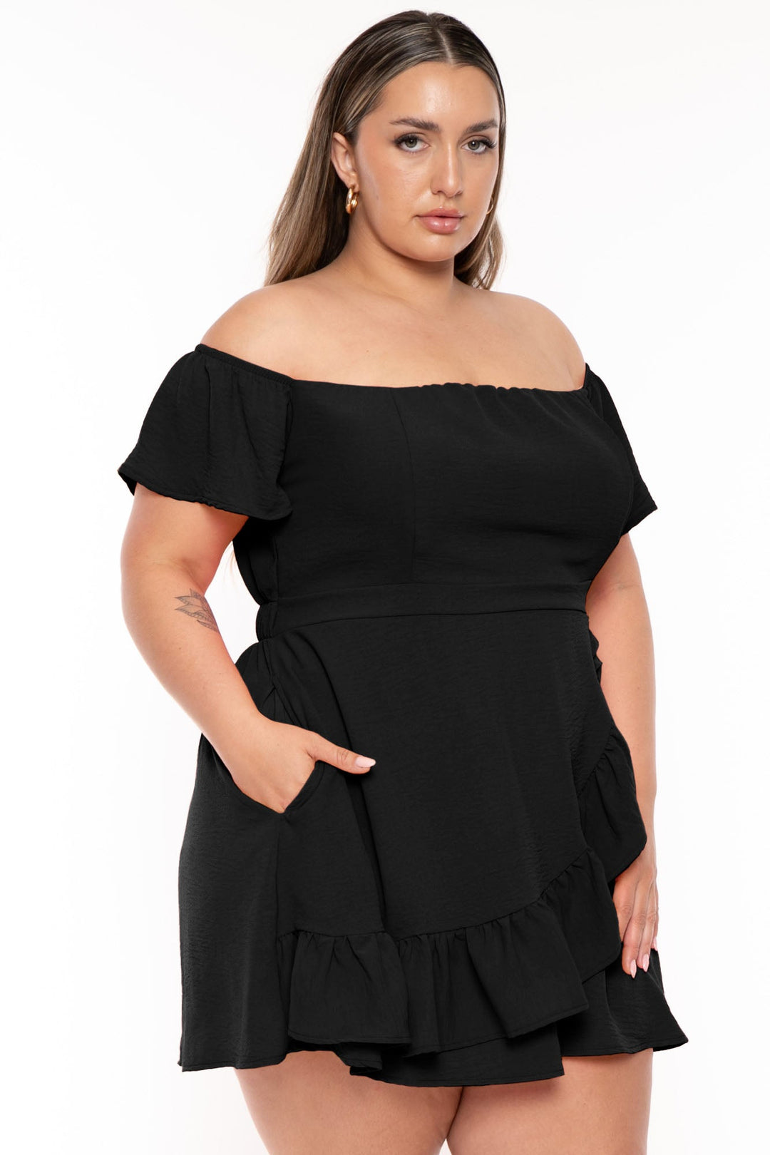 Curvy Sense Dresses Plus Size Ebrina Off The shoulder  Dress - Black