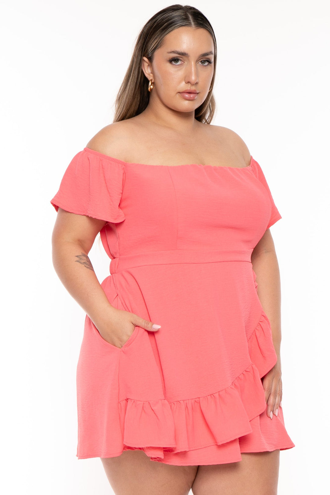 Curvy Sense Dresses Plus Size Ebrina Off The shoulder  Dress - Coral
