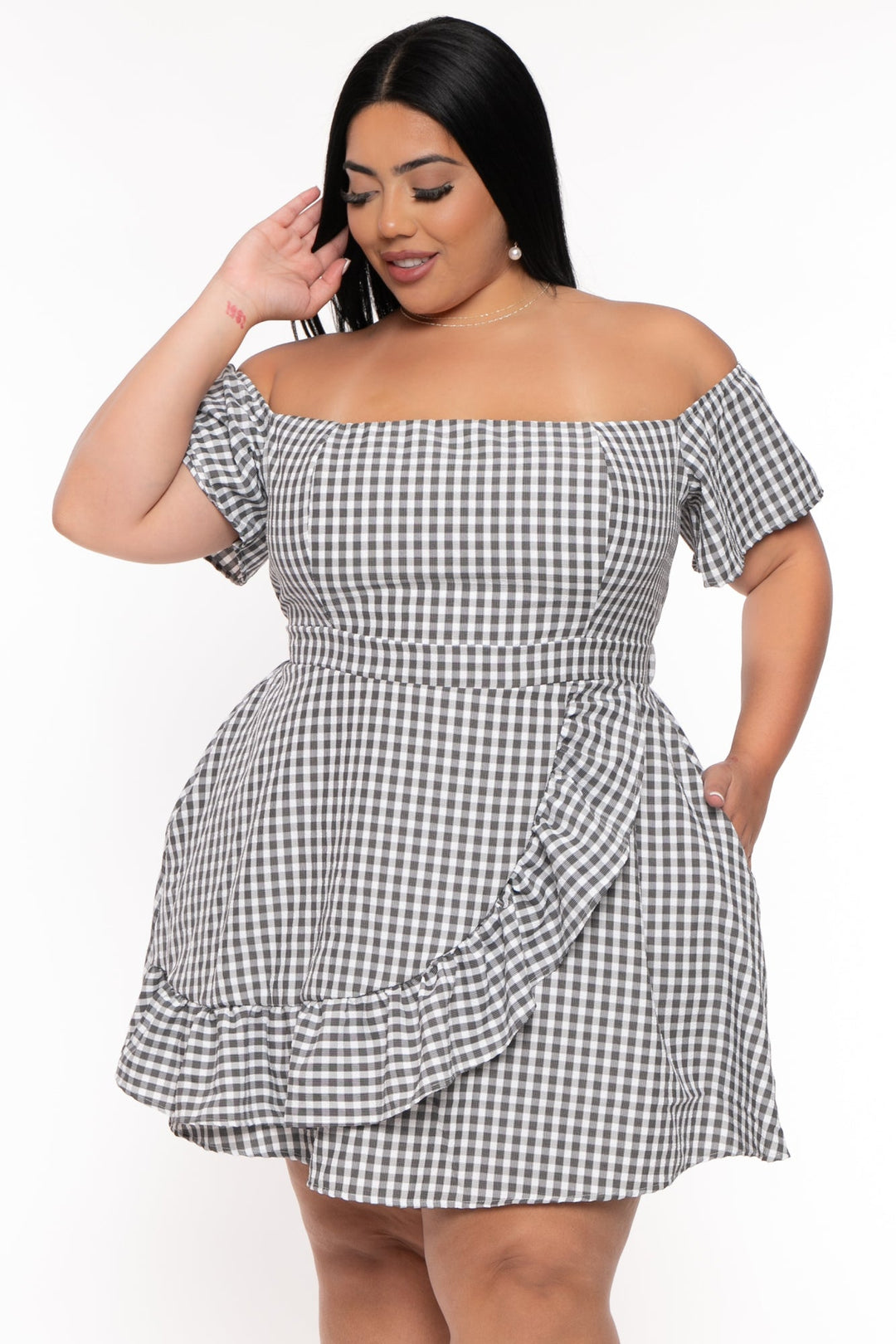 Women's Plus Size Ebrina Off The shoulder Print Dress -Black - Curvy Sense Women's Plus Size Ebrina Off The shoulder Print Dress -Black - Curvy Sense