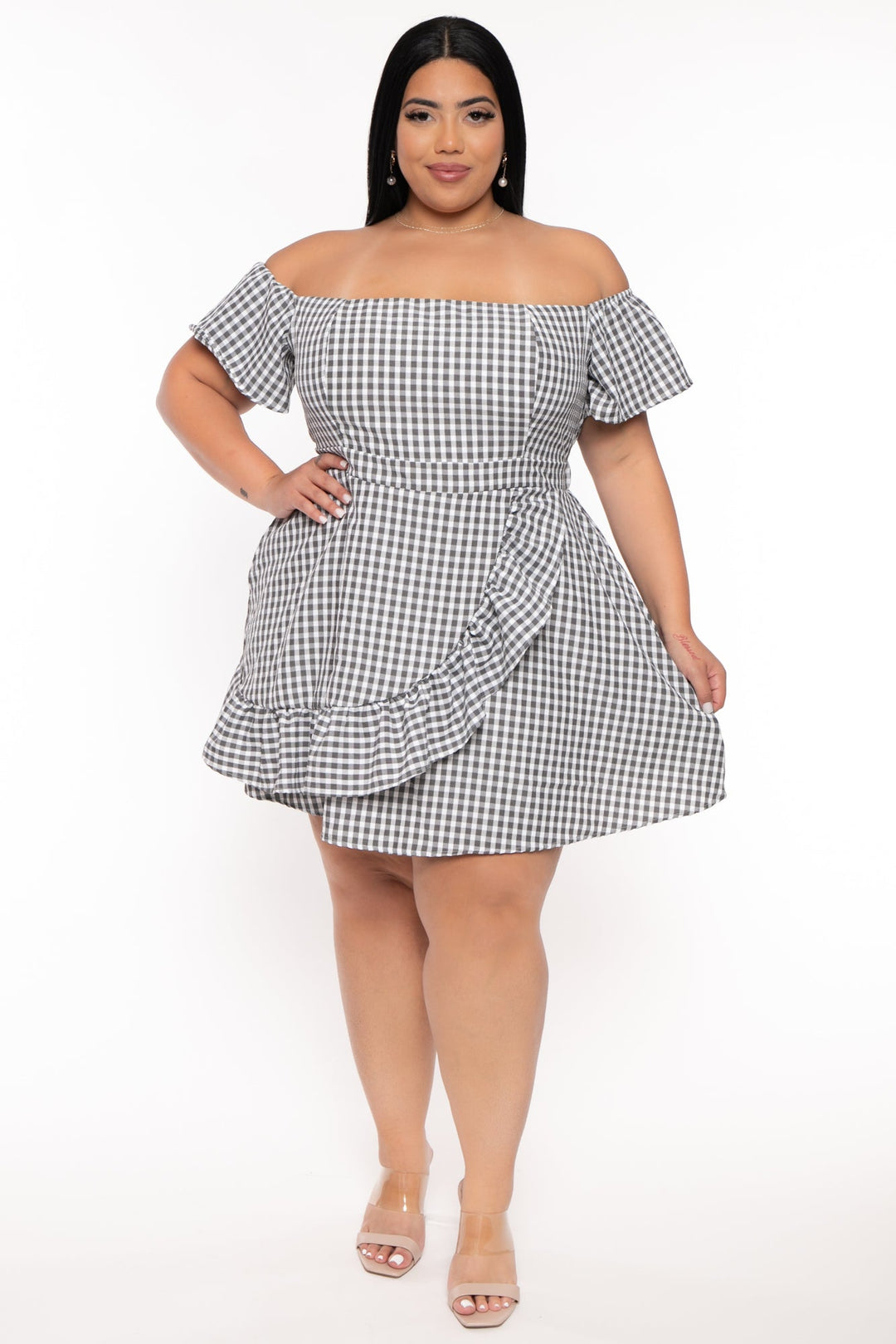 Curvy Sense Dresses Plus Size Ebrina Off The shoulder Print Dress -Black