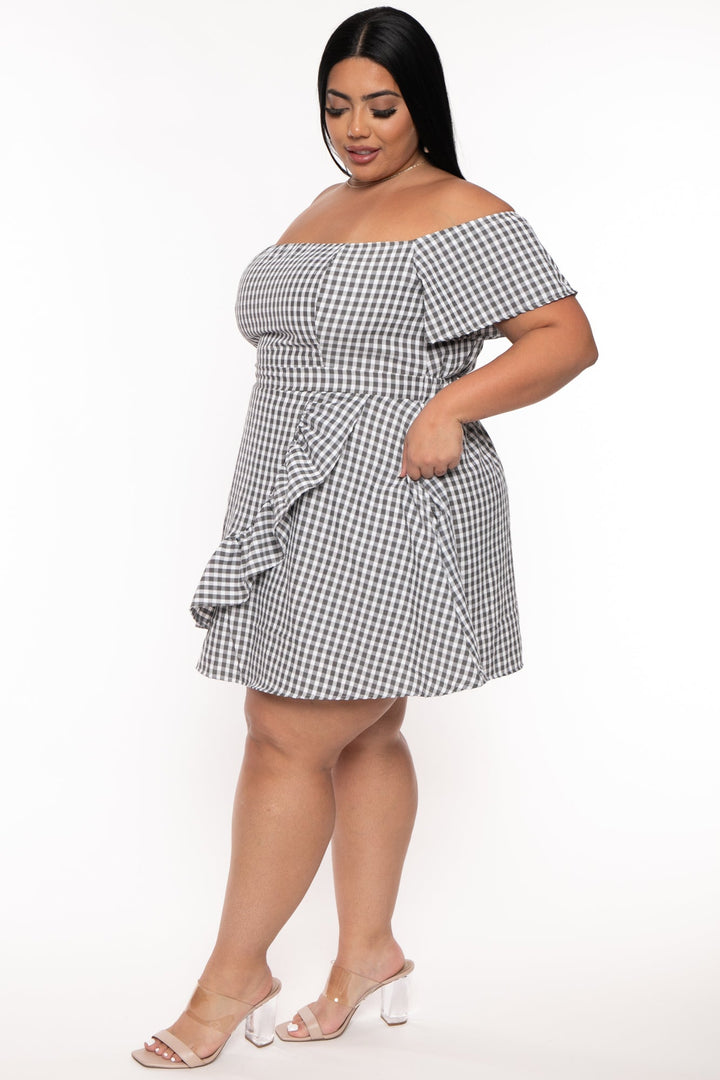 Curvy Sense Dresses Plus Size Ebrina Off The shoulder Print Dress -Black