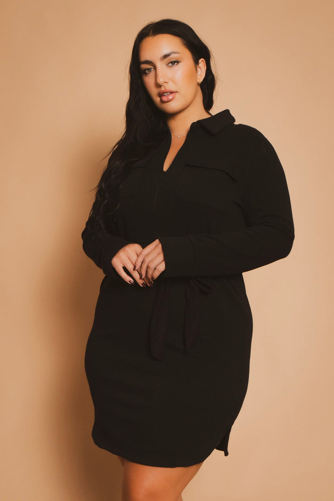 Plus Size Effortless Belted Dress - Black S / Black at Curvy Sense Plus Size Effortless Belted Dress - Black S / Black at Curvy Sense