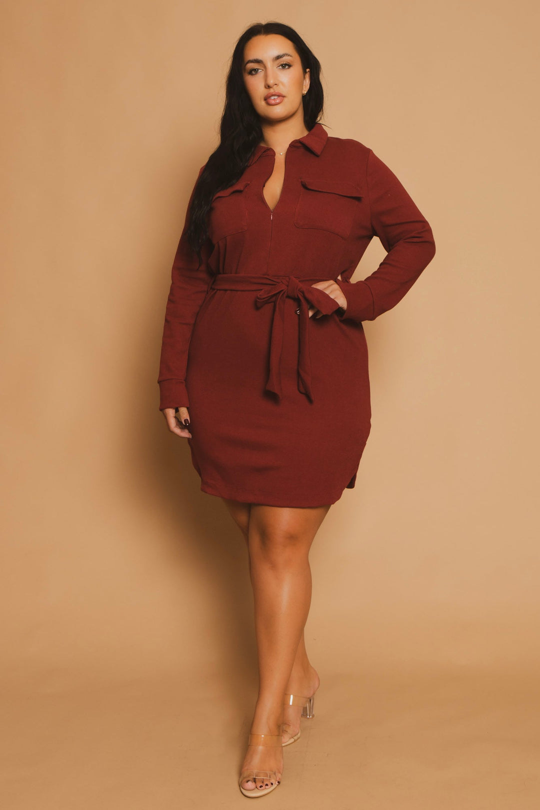 CULTURE CODE Dresses Plus Size Effortless Belted Dress - Burgundy