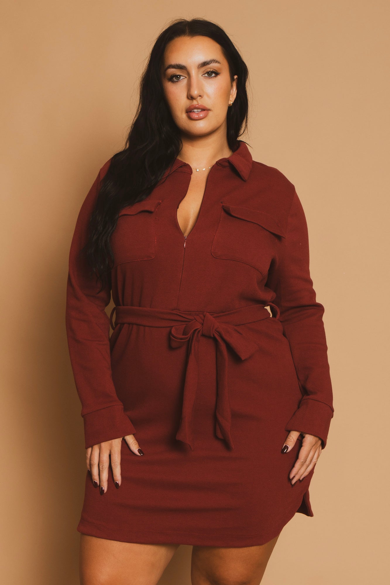 Plus Size Effortless Belted Dress - Burgundy 2x / Burgundy at Curvy Sense Women's Plus Size Effortless Belted Dress - Burgundy - Curvy Sense