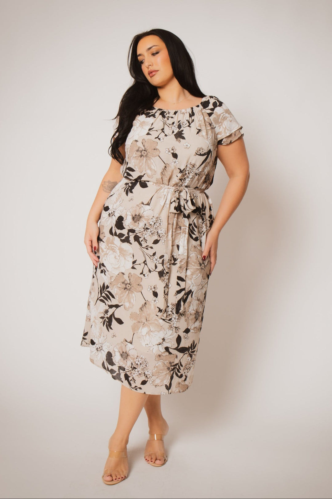 Winslow Dresses Plus Size Elena Floral Midi Dress - Taupe