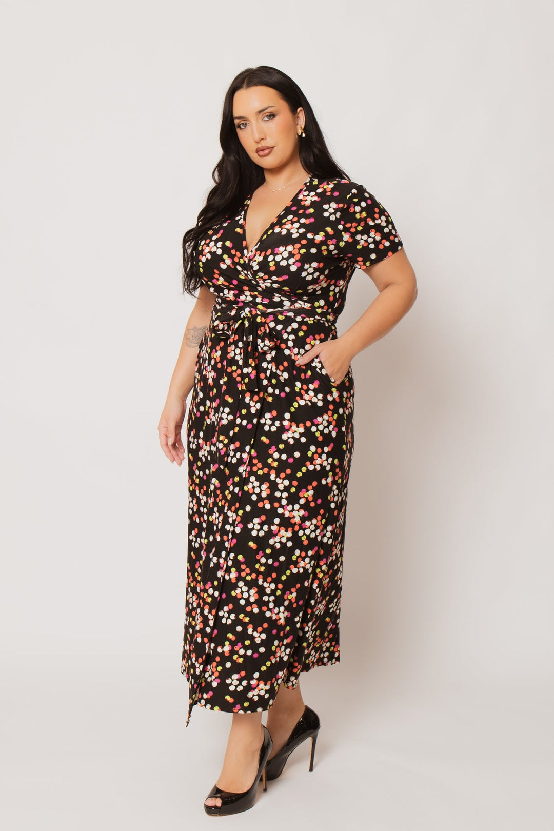H &amp; H FASHION Dresses Plus Size Eliana Wrap Dress- Black/Pink