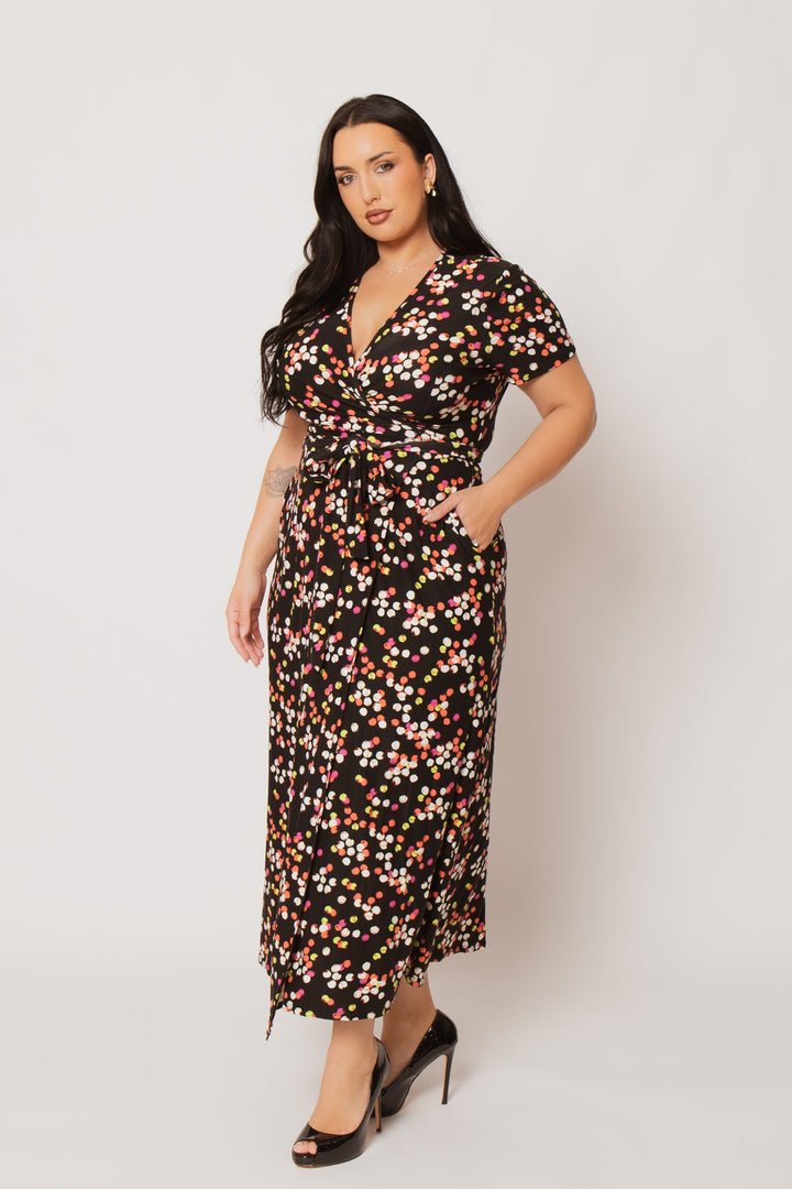 H &amp; H FASHION Dresses Plus Size Eliana Wrap Dress- Black/Pink