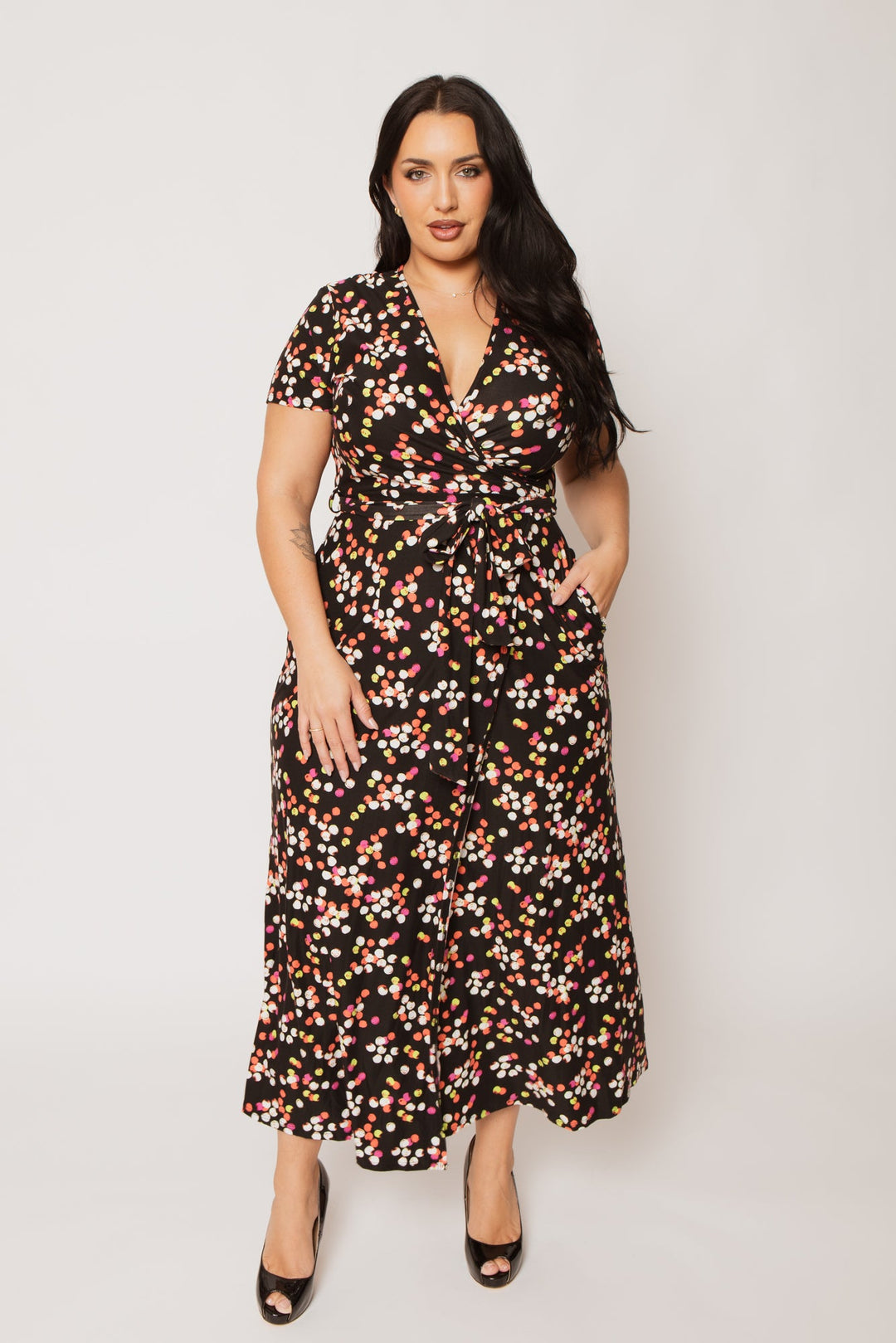 Plus Size Eliana Wrap Dress- Black/Pink 3X / Black/Pink at Curvy Sense