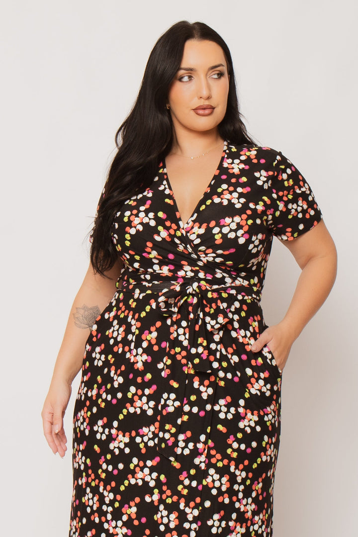 H &amp; H FASHION Dresses Plus Size Eliana Wrap Dress- Black/Pink