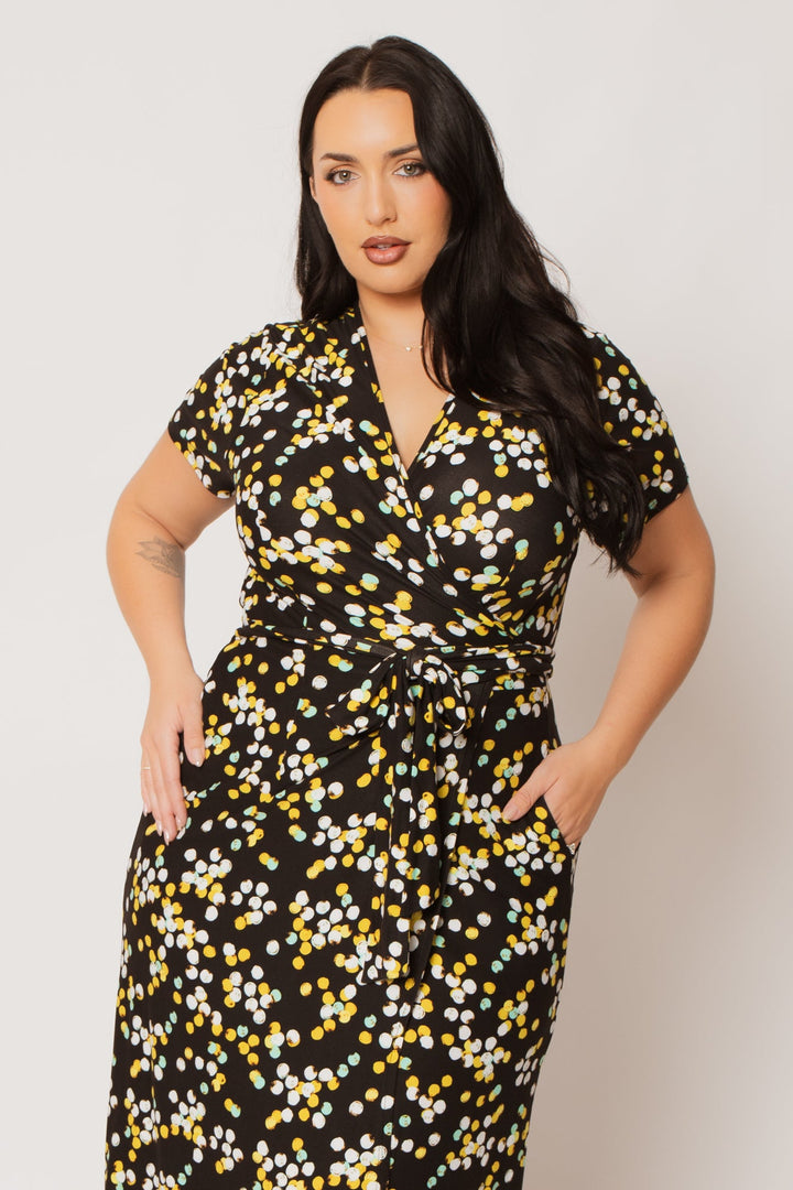 H & H FASHION Dresses Plus Size Eliana Wrap Dress- Black/Yellow