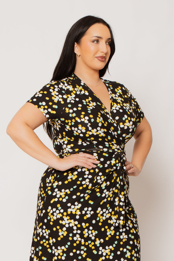 H & H FASHION Dresses Plus Size Eliana Wrap Dress- Black/Yellow