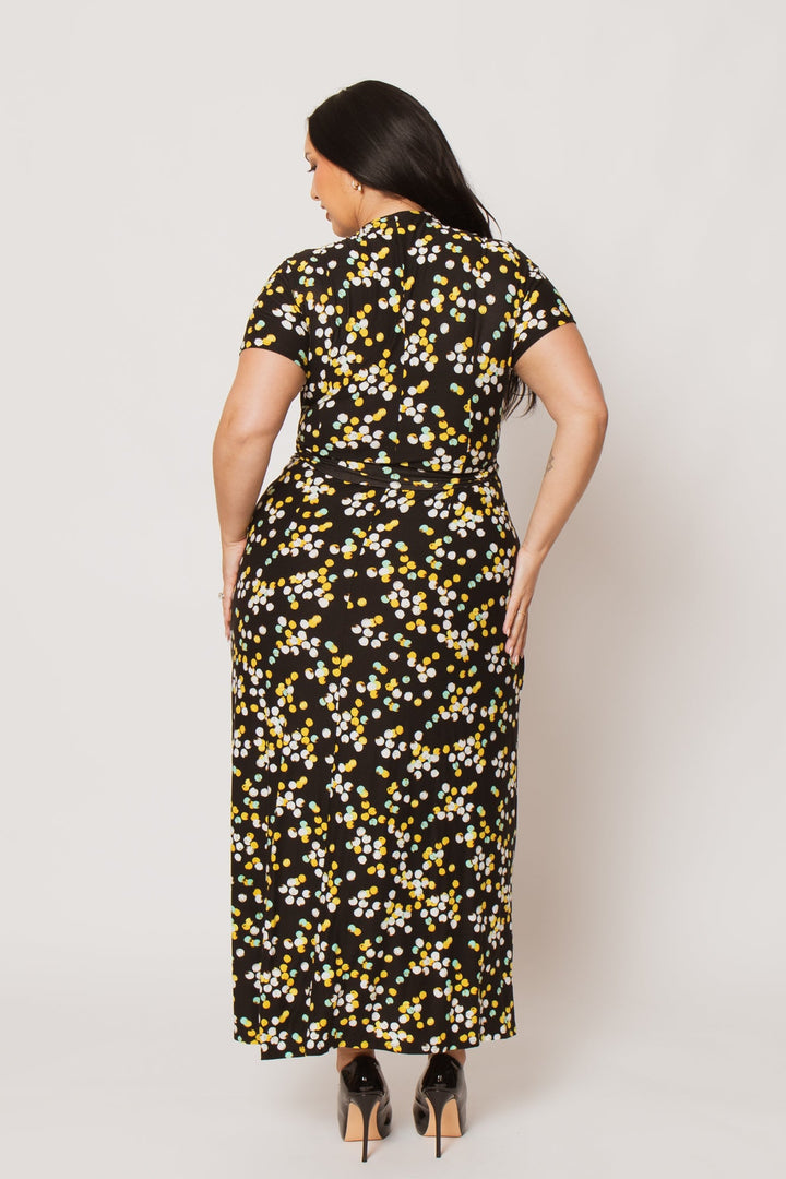 H & H FASHION Dresses Plus Size Eliana Wrap Dress- Black/Yellow