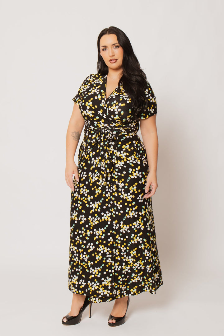 H & H FASHION Dresses Plus Size Eliana Wrap Dress- Black/Yellow